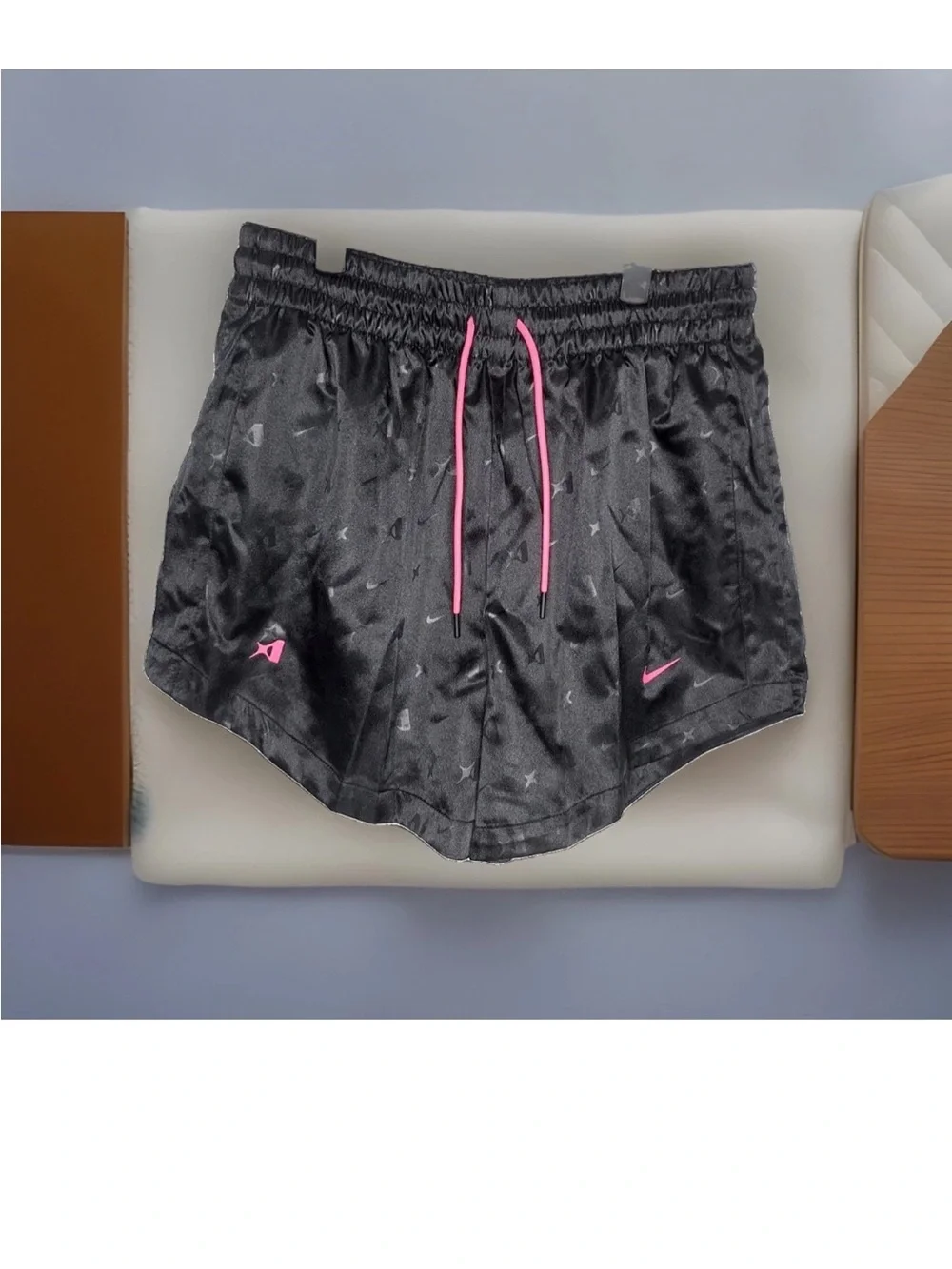 Nike Women's Black Athletic Shorts with Pink Drawcord and Logo